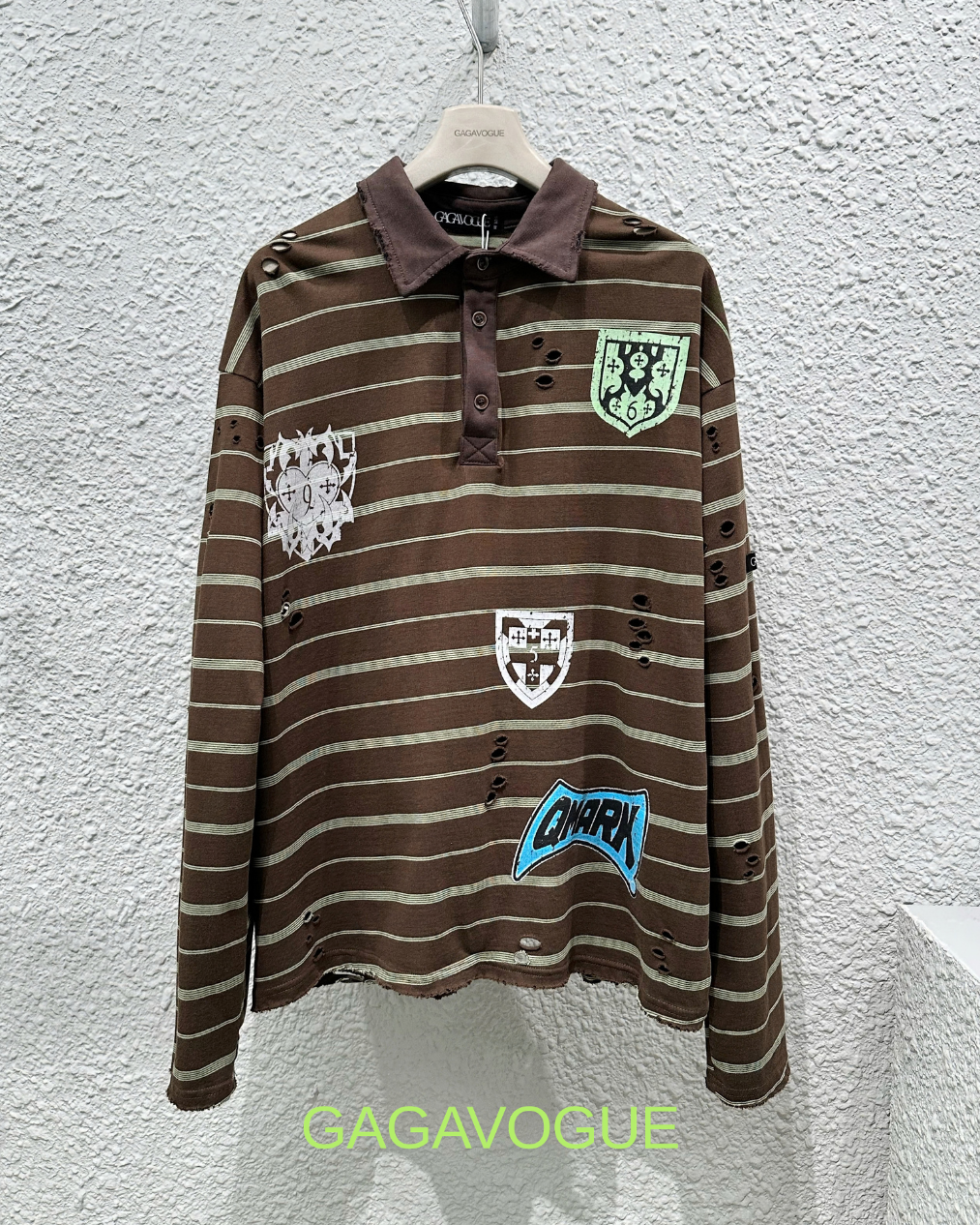 GAGAVOGUE BROWN DISTRESSED STRIPED PATCHWORK POLO LONG SLEEVE