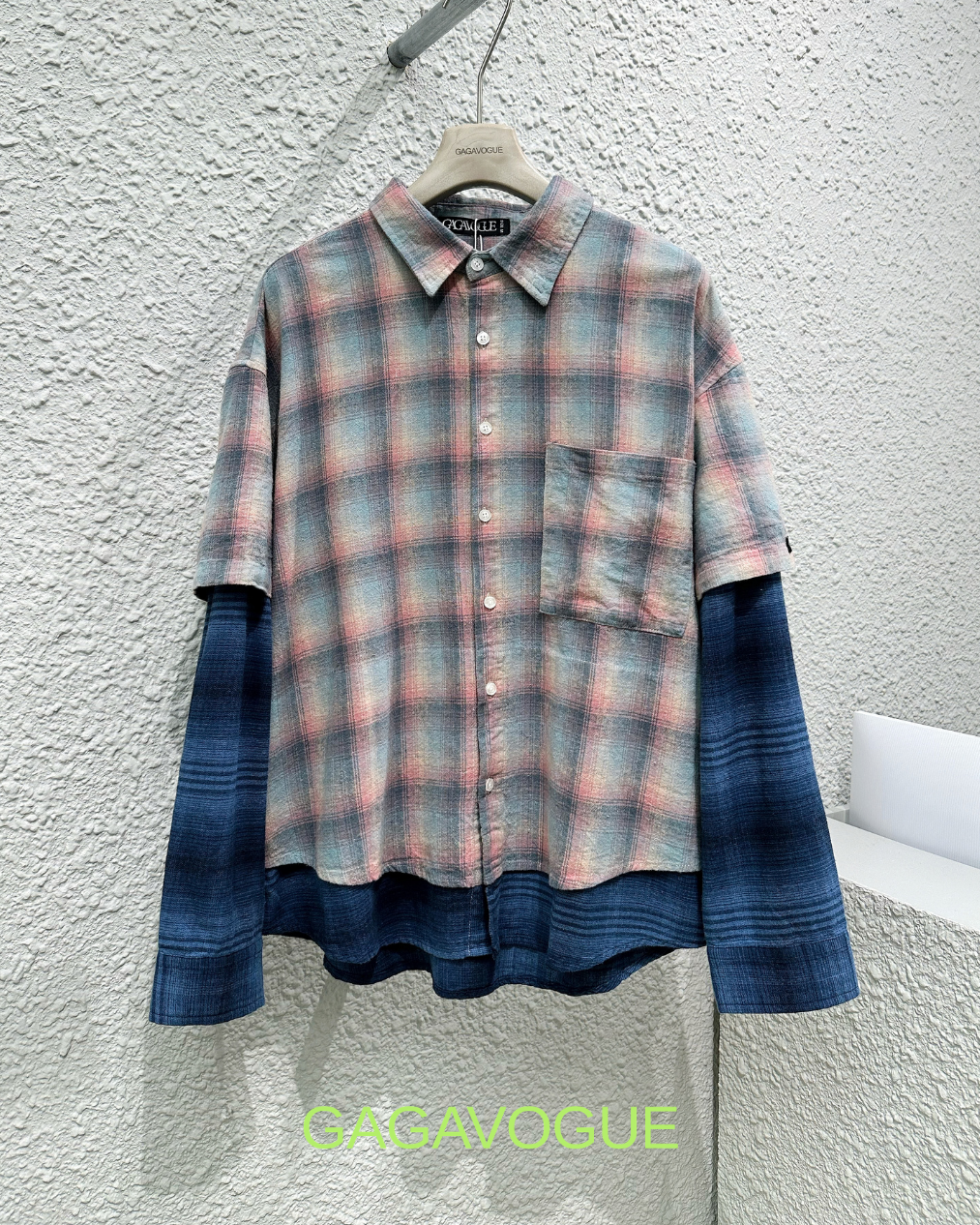 GAGAVOGUE VINTAGE PLAID LAYERED LONG SLEEVE SHIRT
