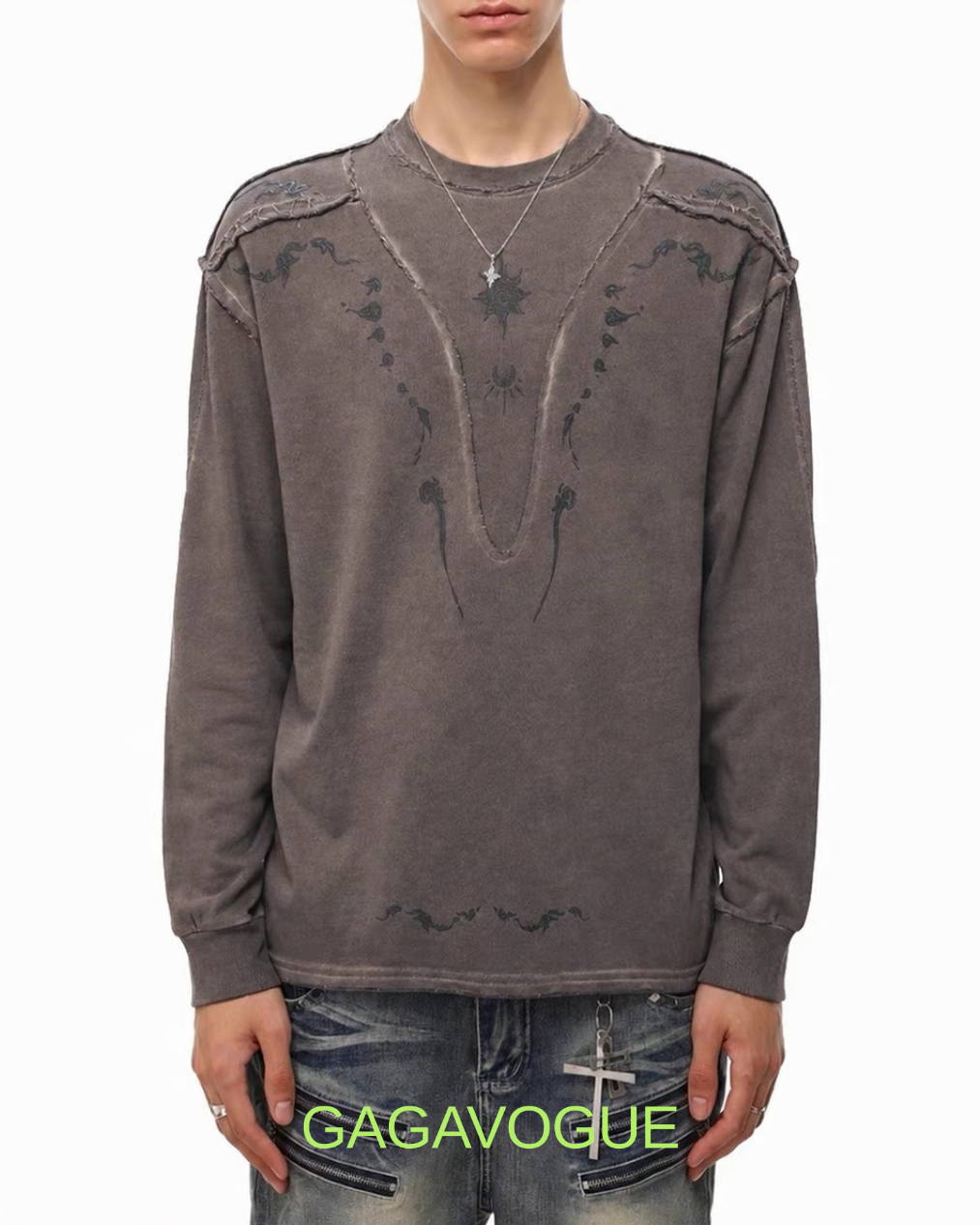 GAGAVOGUE DISTRESSED DECONSTRUCTED PANEL LONG SLEEVE T-SHIRT