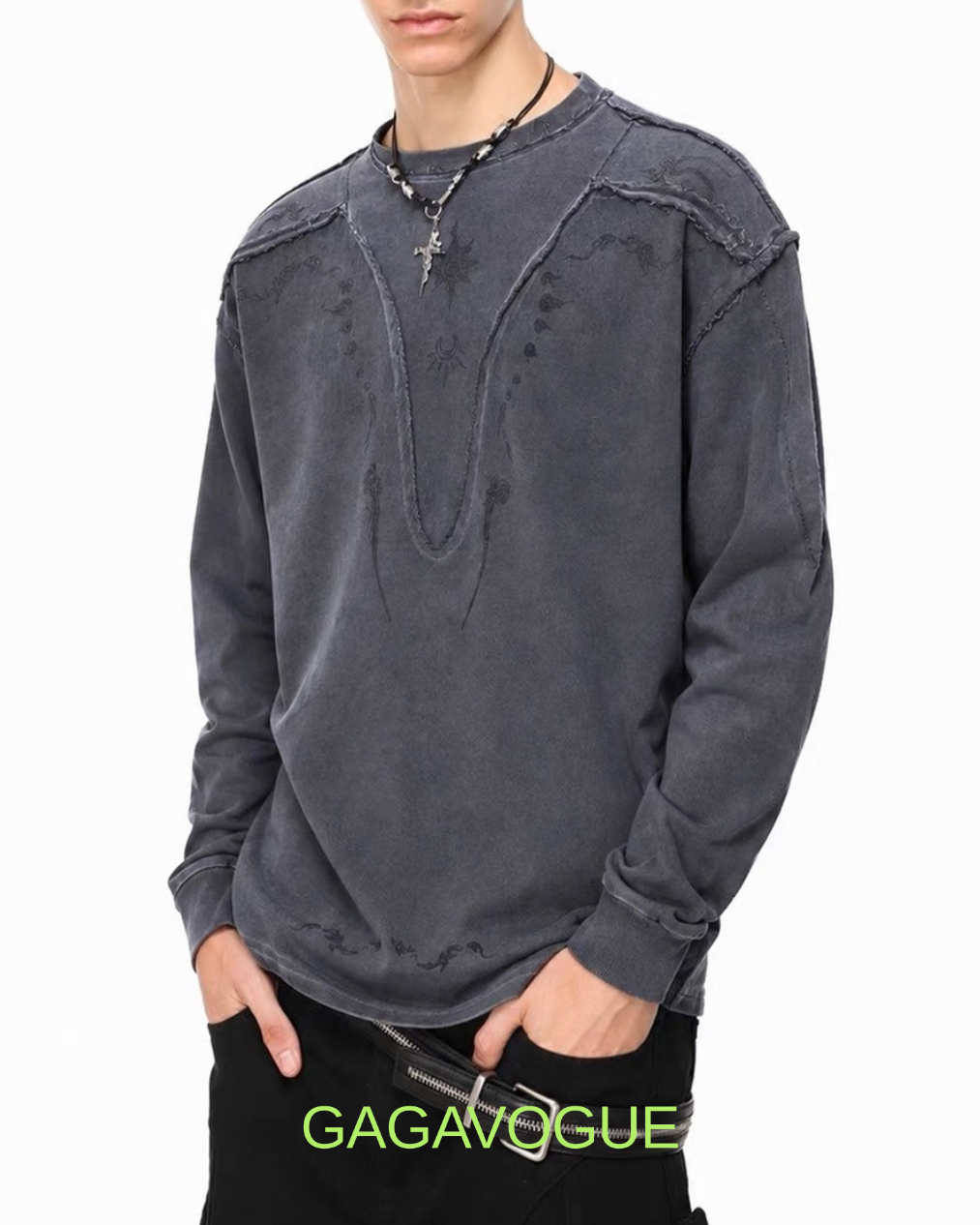 GAGAVOGUE DISTRESSED DECONSTRUCTED PANEL LONG SLEEVE T-SHIRT