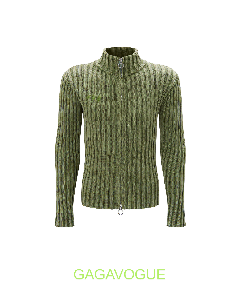 GAGAVOGUE RIBBED OLIVE ZIP-UP HIGH NECK KNIT TOP