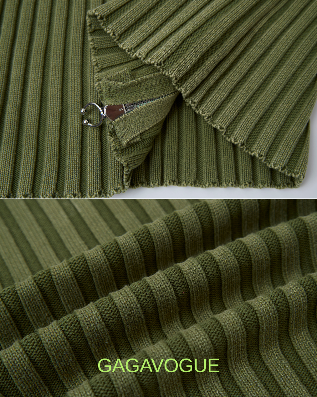 GAGAVOGUE RIBBED OLIVE ZIP-UP HIGH NECK KNIT TOP