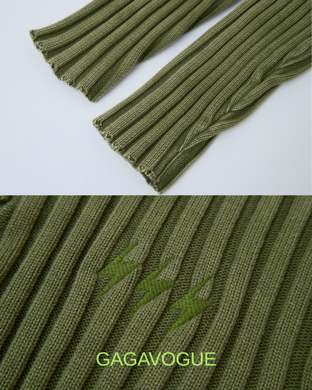 GAGAVOGUE RIBBED OLIVE ZIP-UP HIGH NECK KNIT TOP
