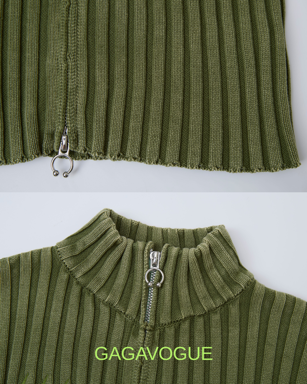 GAGAVOGUE RIBBED OLIVE ZIP-UP HIGH NECK KNIT TOP