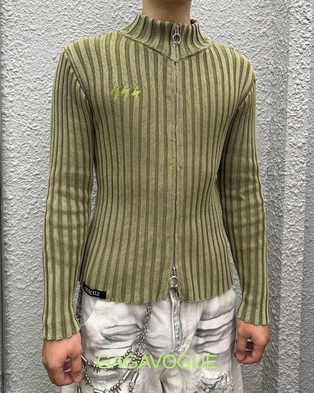 GAGAVOGUE RIBBED OLIVE ZIP-UP HIGH NECK KNIT TOP