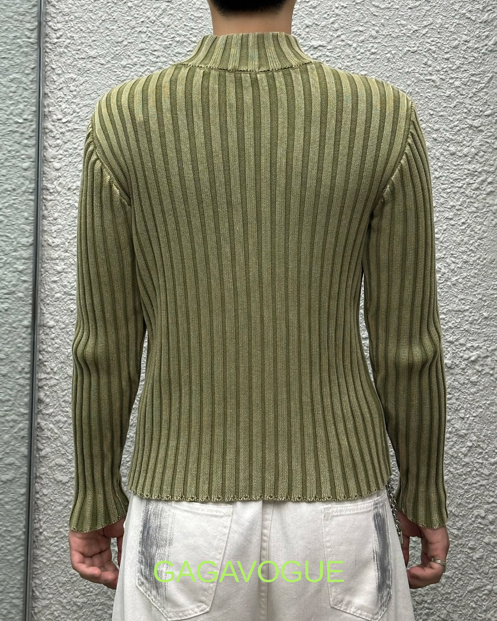 GAGAVOGUE RIBBED OLIVE ZIP-UP HIGH NECK KNIT TOP