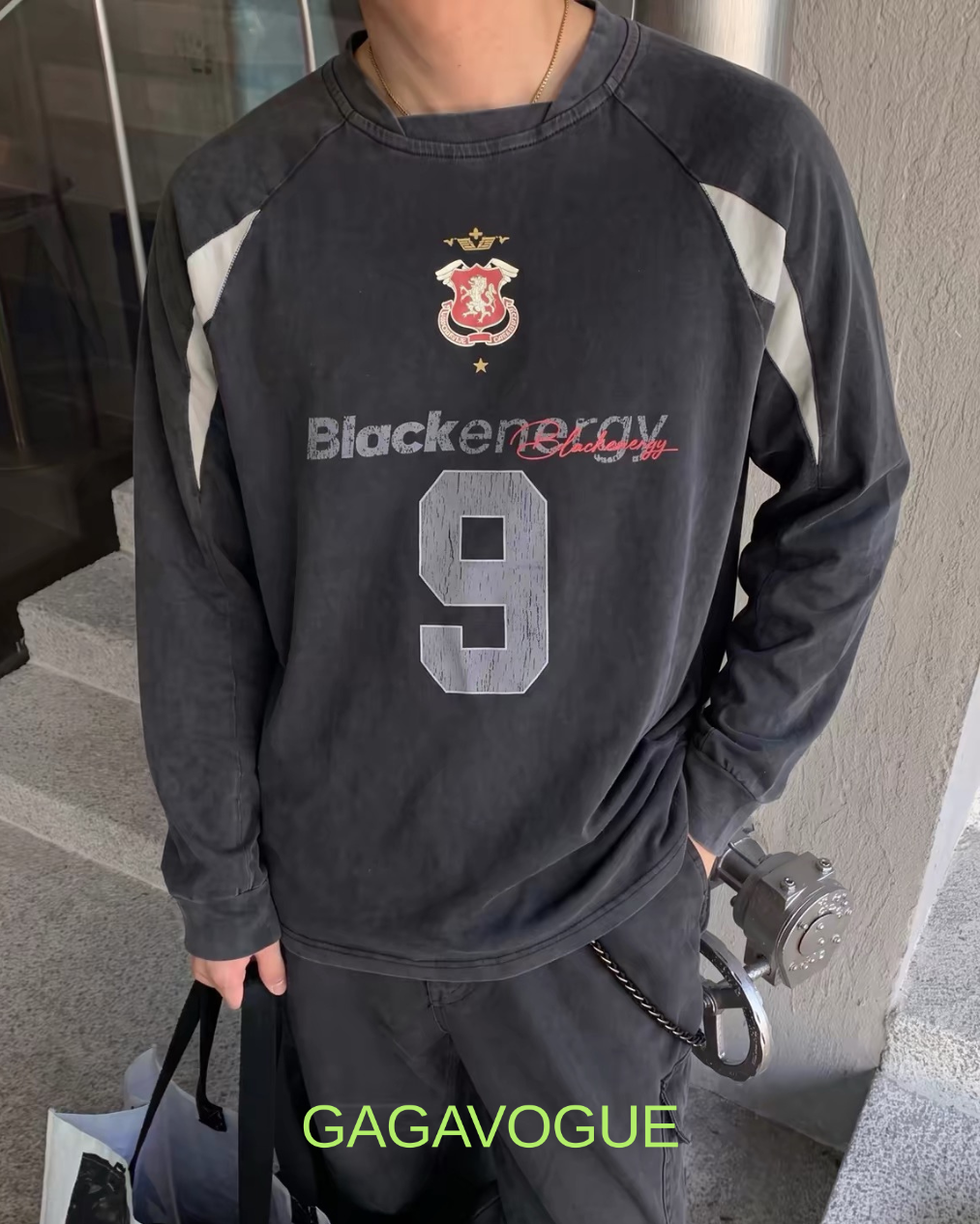 GAGAVOGUE BLACK ENERGY NUMBER 9 RAGLAN LONG SLEEVE TEE