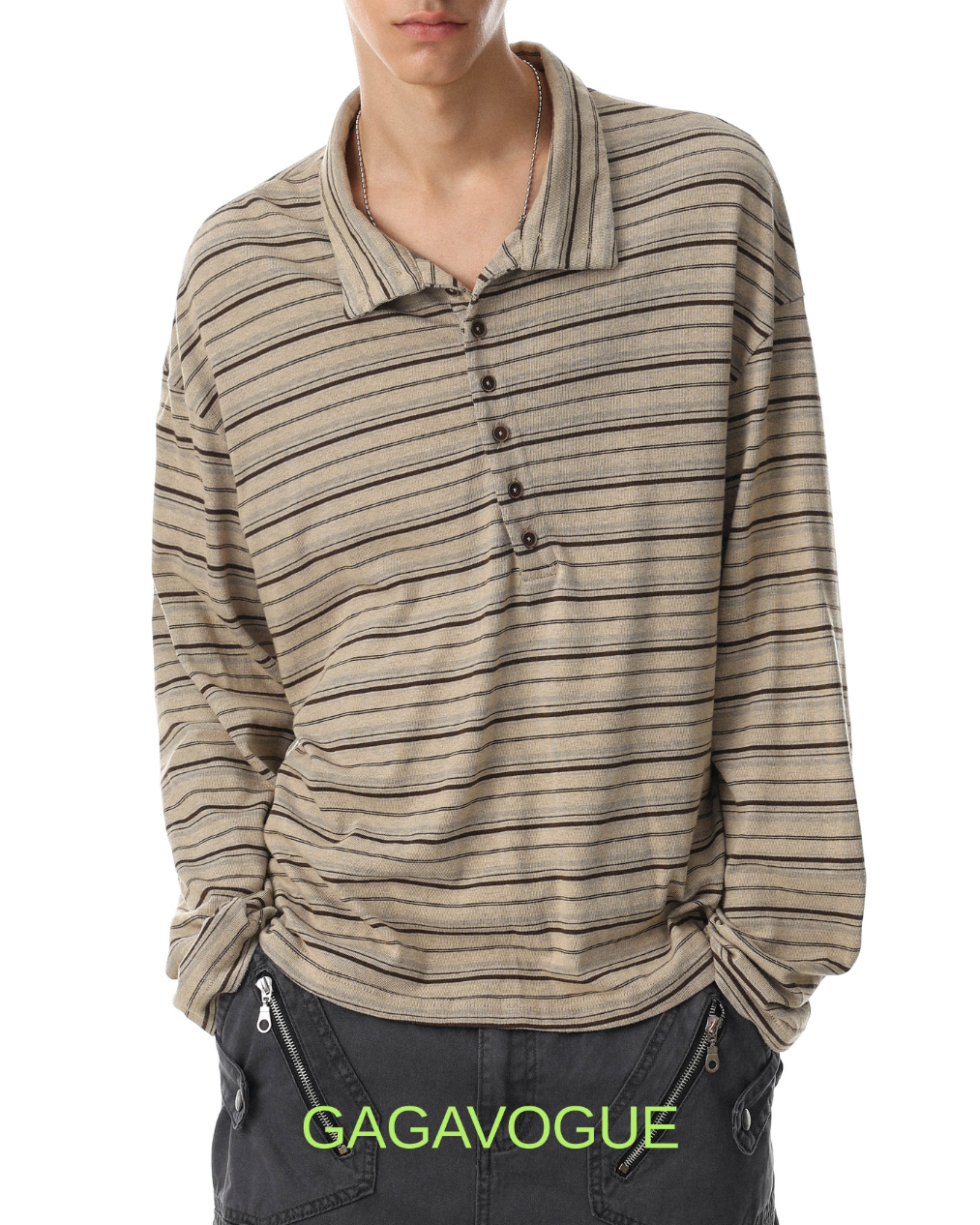 GAGAVOGUE STRIPED STAND COLLAR BUTTON PLACKET LONG SLEEVE TOP