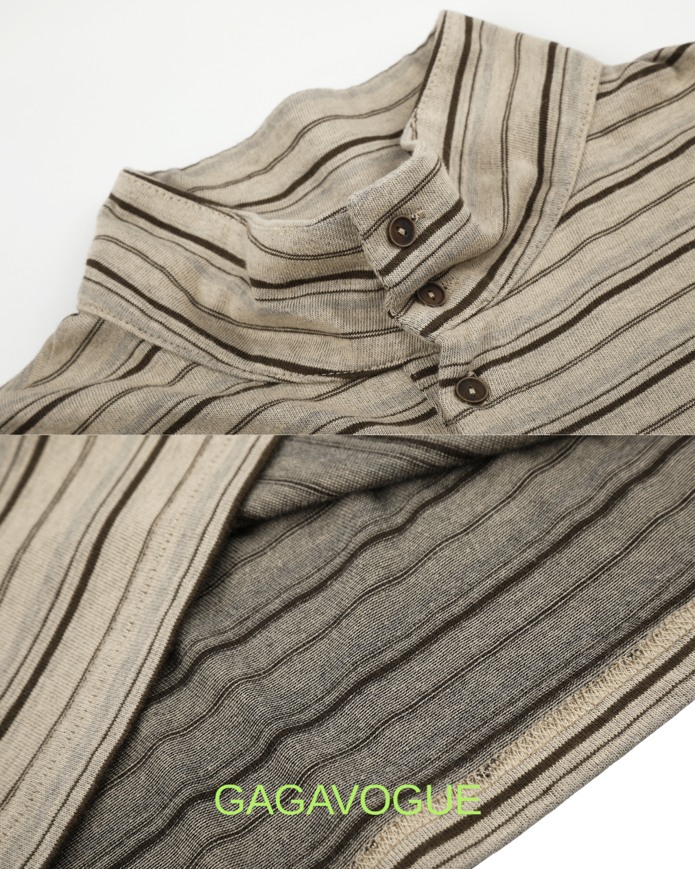 GAGAVOGUE STRIPED STAND COLLAR BUTTON PLACKET LONG SLEEVE TOP