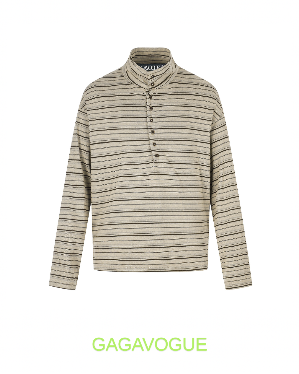 GAGAVOGUE STRIPED STAND COLLAR BUTTON PLACKET LONG SLEEVE TOP