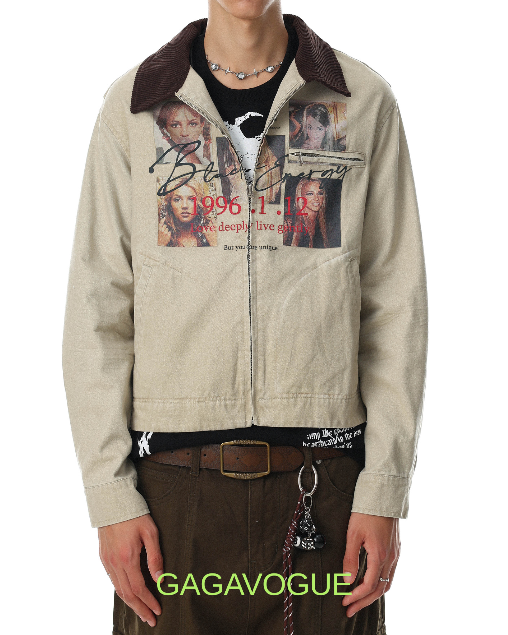 GAGAVOGUE BEIGE BRITNEY SPEARS GRAPHIC ZIP-UP JACKET