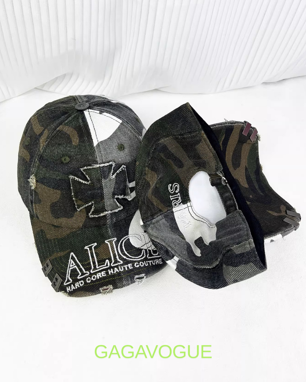 GAGAVOGUE CAMO CROSS DISTRESSED CAP