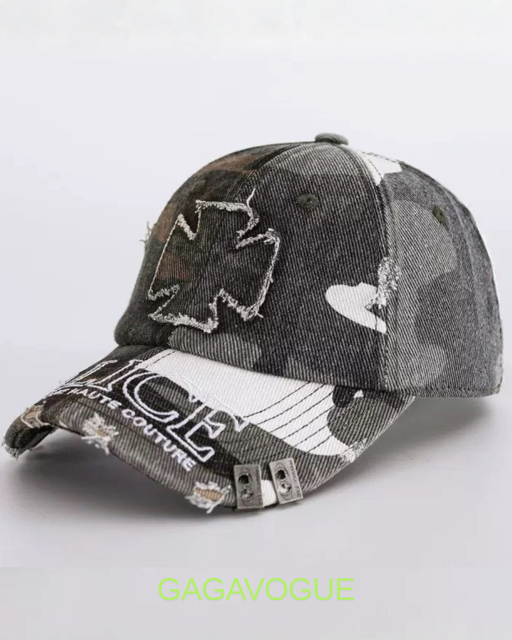 GAGAVOGUE CAMO CROSS DISTRESSED CAP