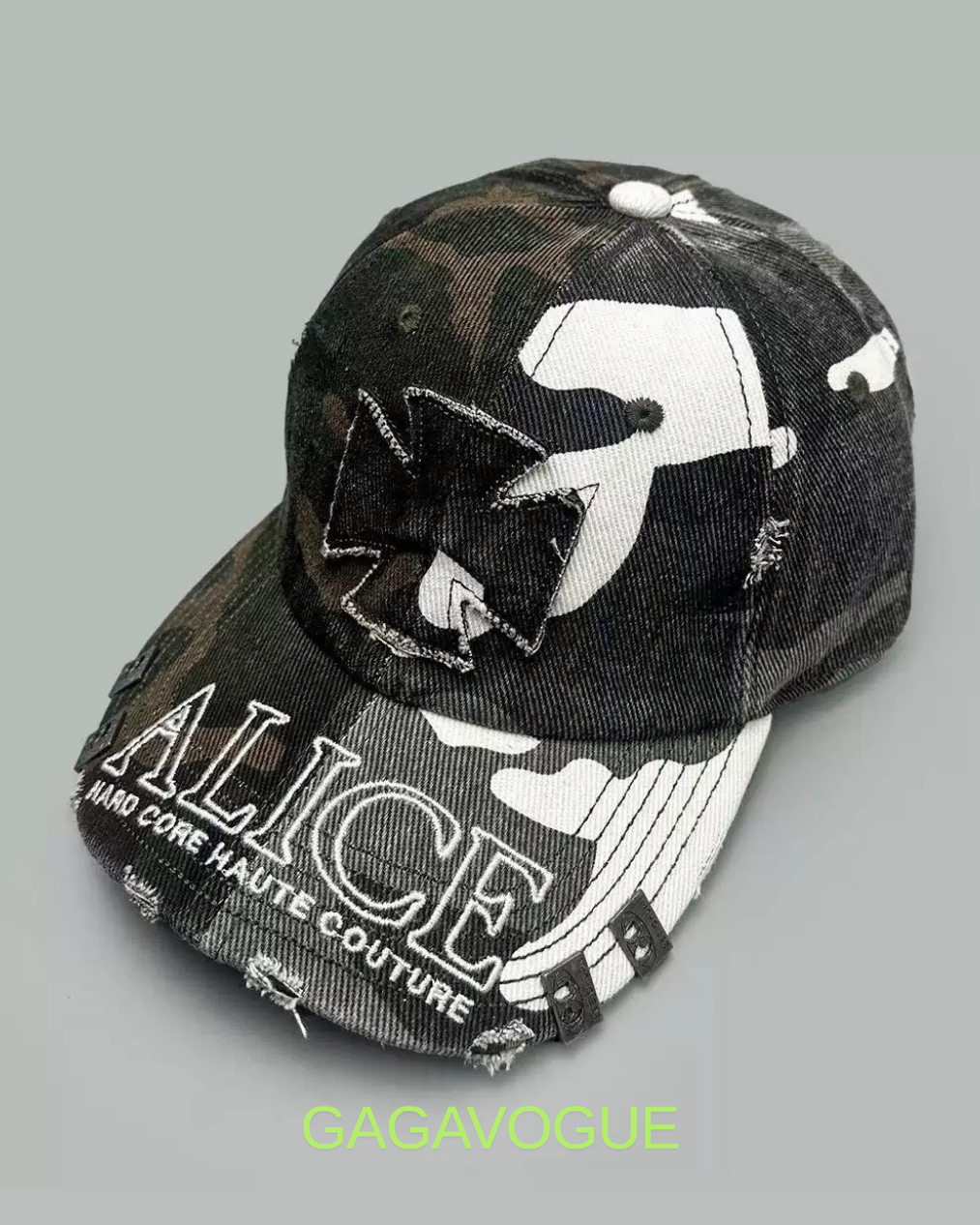 GAGAVOGUE CAMO CROSS DISTRESSED CAP