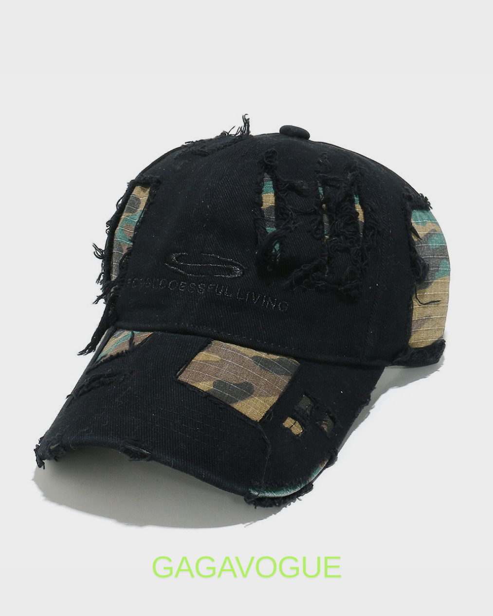 GAGAVOGUE CAMO DISTRESSED PATCHWORK CAP