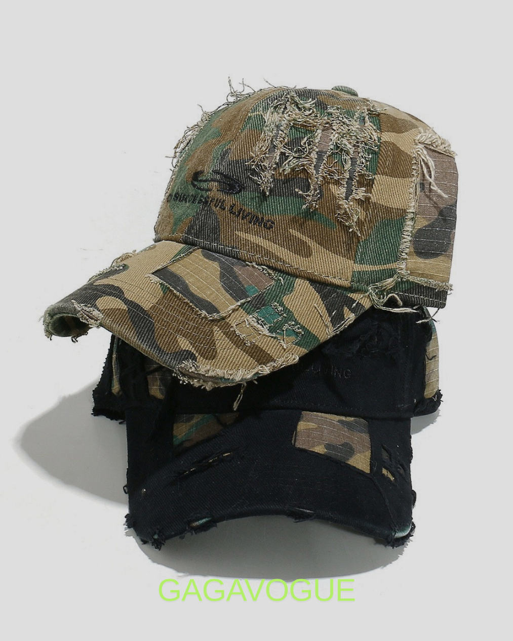 GAGAVOGUE CAMO DISTRESSED PATCHWORK CAP