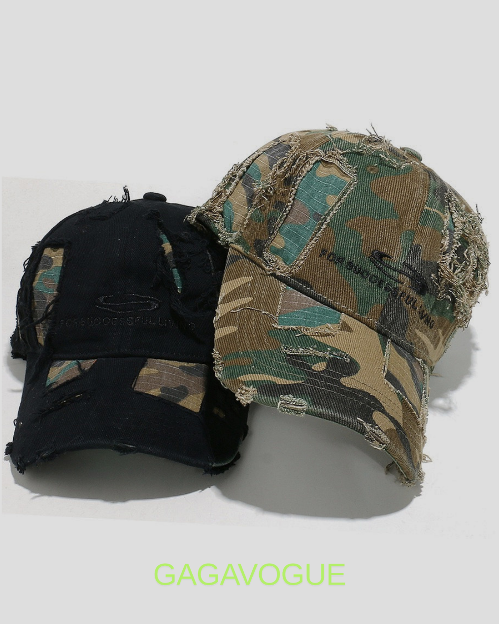 GAGAVOGUE CAMO DISTRESSED PATCHWORK CAP
