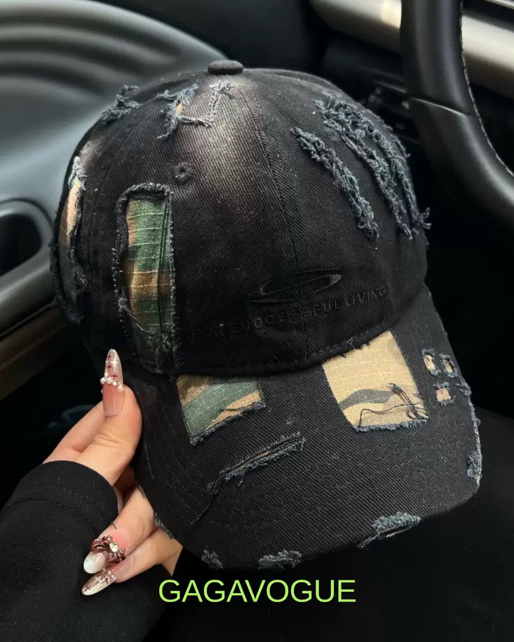 GAGAVOGUE CAMO DISTRESSED PATCHWORK CAP
