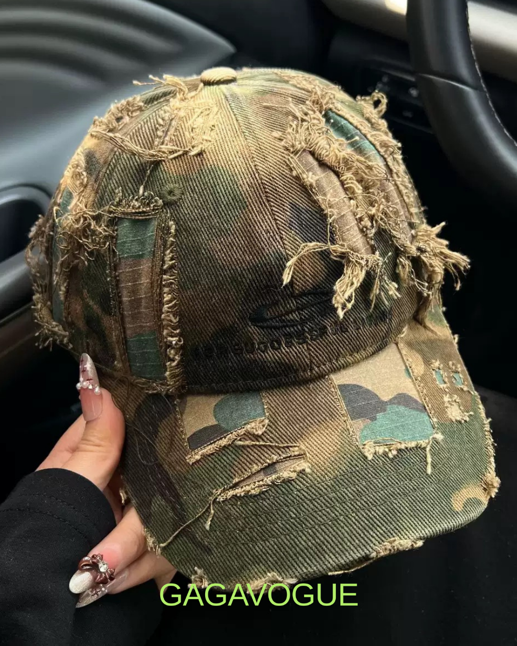 GAGAVOGUE CAMO DISTRESSED PATCHWORK CAP