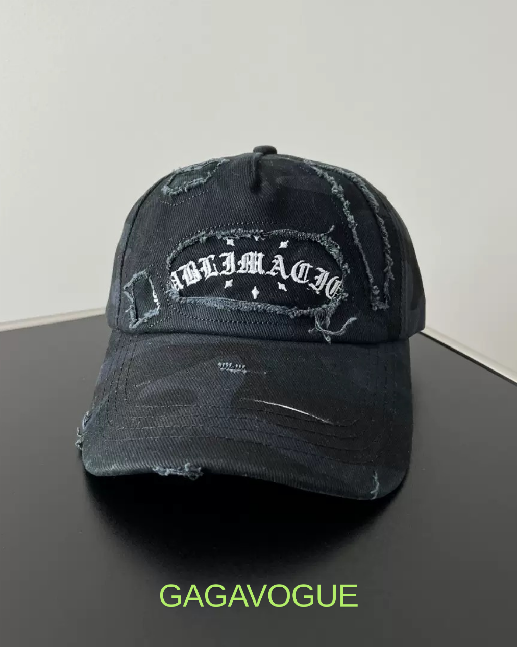 GAGAVOGUE DISTRESSED CAMO BASEBALL CAP