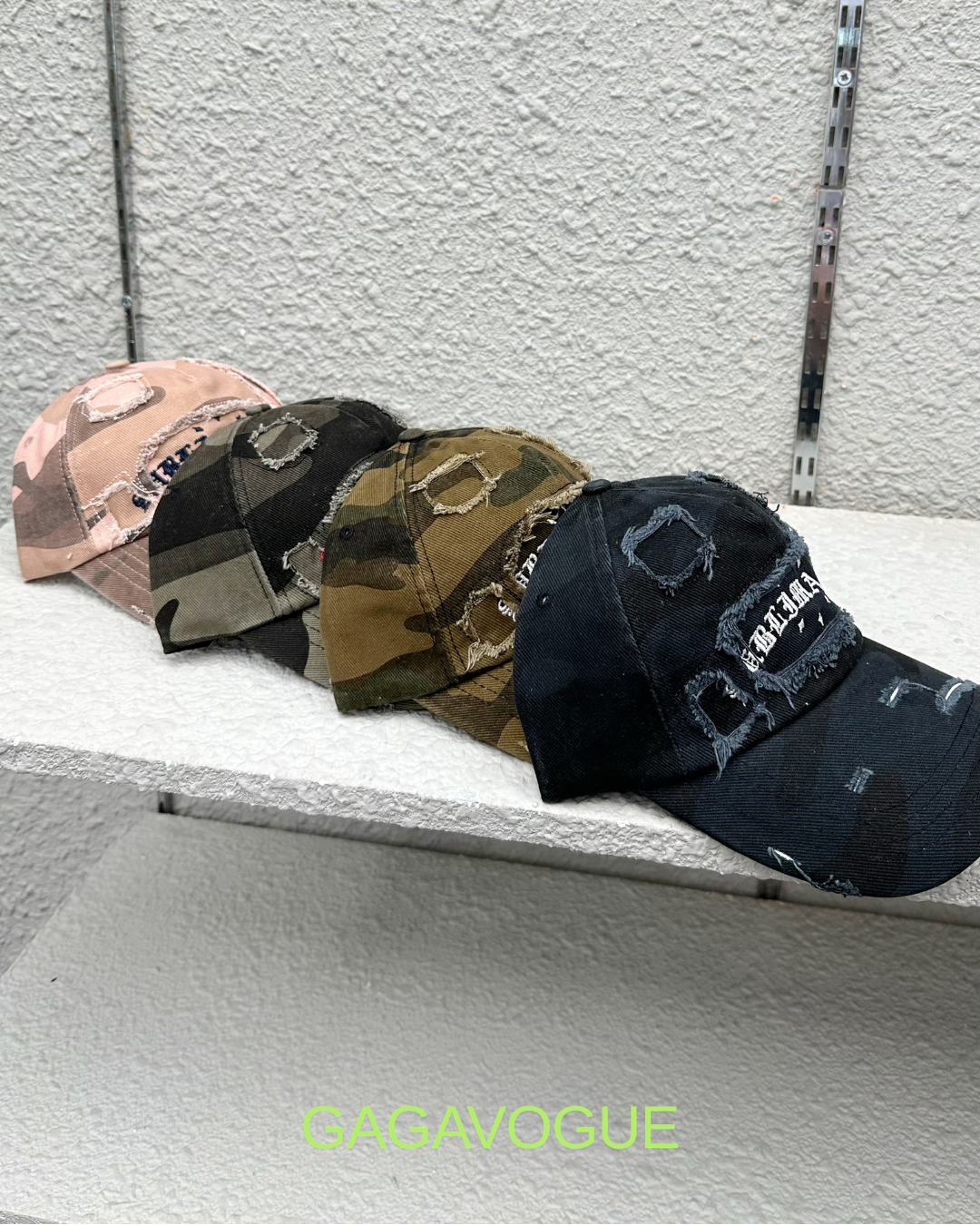 GAGAVOGUE DISTRESSED CAMO BASEBALL CAP