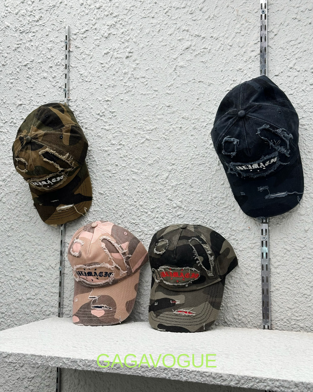 GAGAVOGUE DISTRESSED CAMO BASEBALL CAP