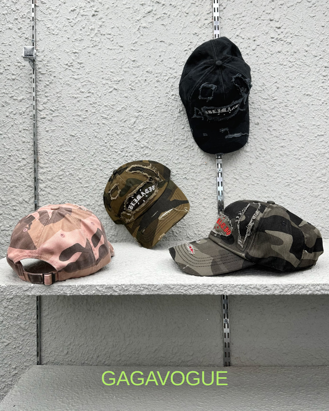 GAGAVOGUE DISTRESSED CAMO BASEBALL CAP