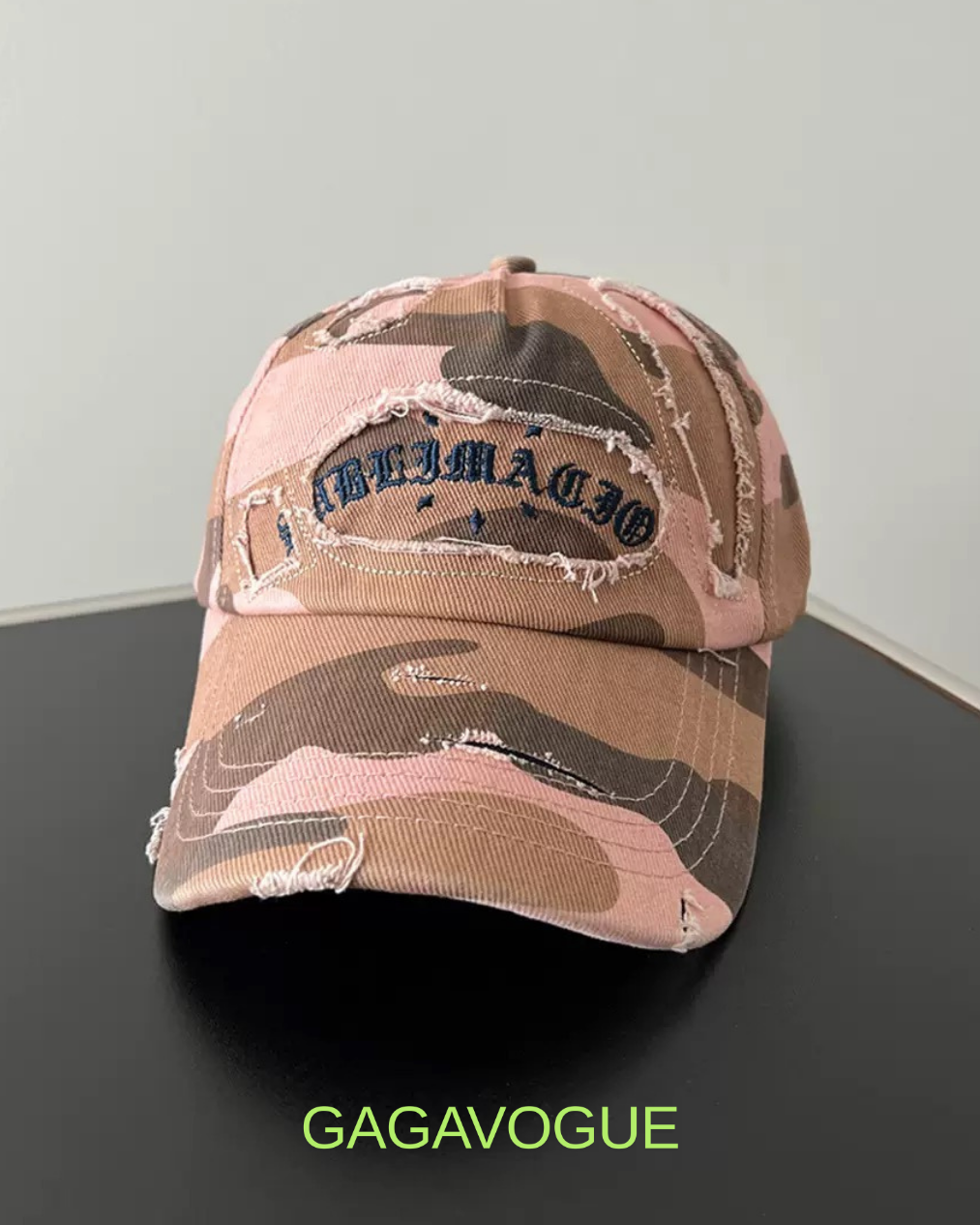 GAGAVOGUE DISTRESSED CAMO BASEBALL CAP