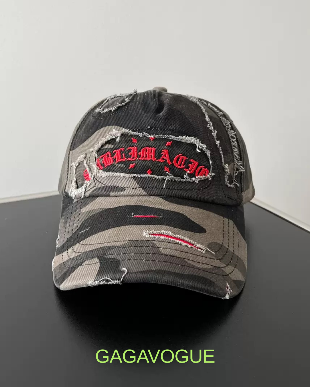 GAGAVOGUE DISTRESSED CAMO BASEBALL CAP