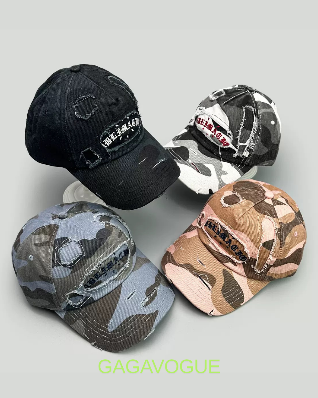 GAGAVOGUE DISTRESSED CAMO BASEBALL CAP