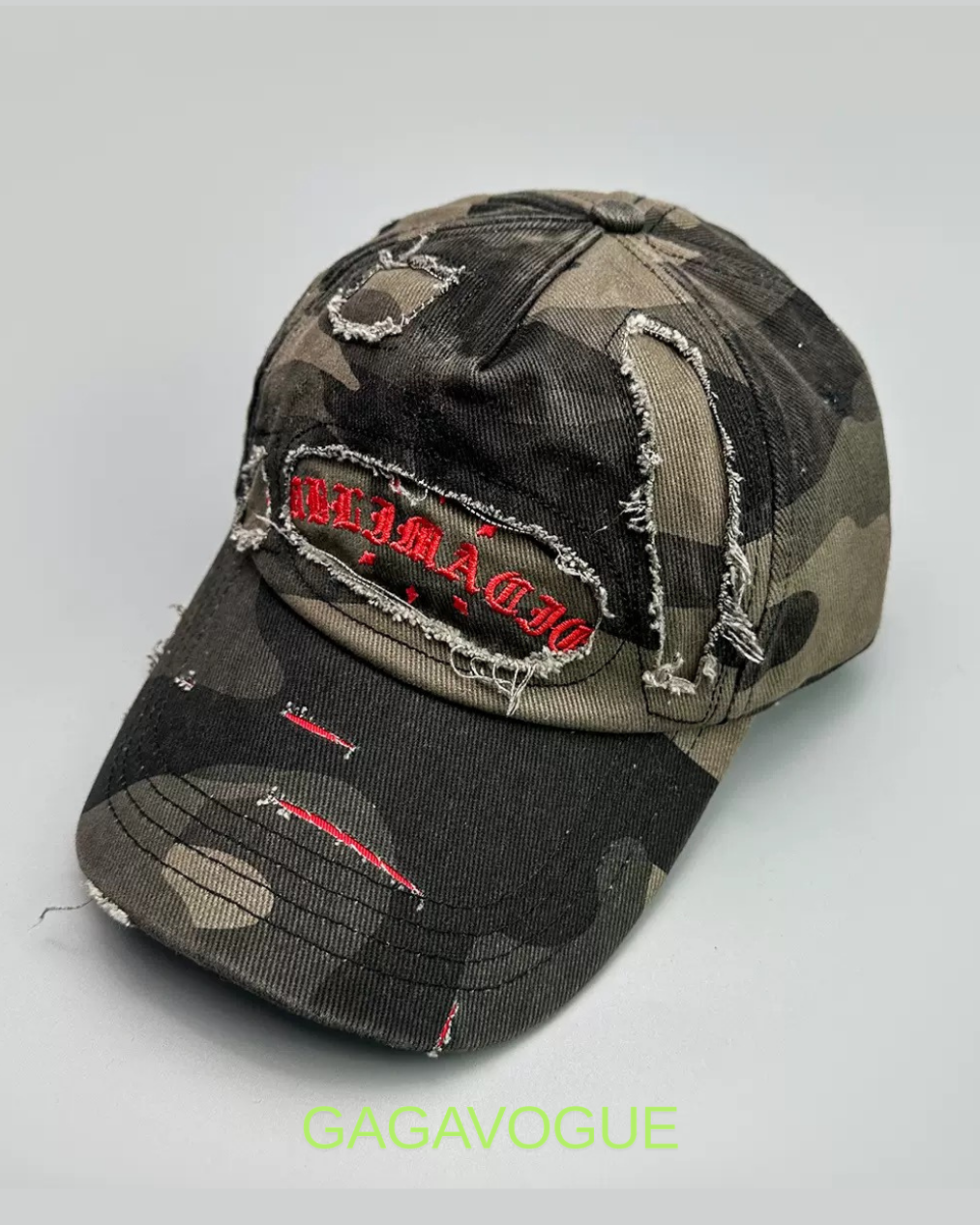 GAGAVOGUE DISTRESSED CAMO BASEBALL CAP