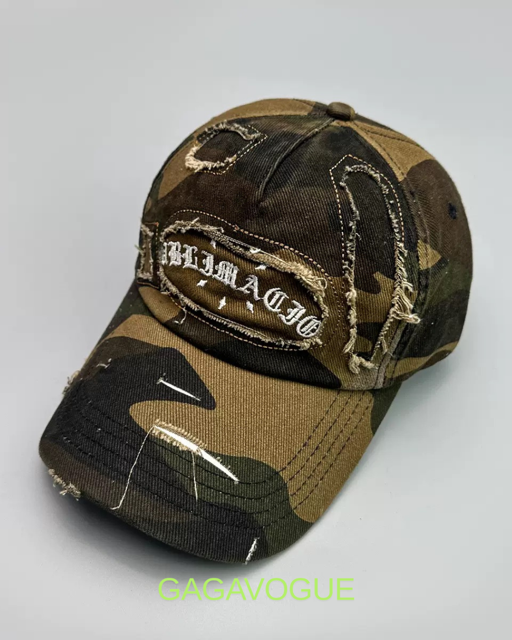 GAGAVOGUE DISTRESSED CAMO BASEBALL CAP