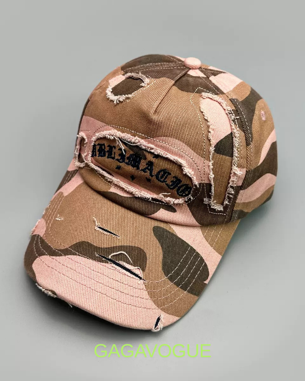 GAGAVOGUE DISTRESSED CAMO BASEBALL CAP