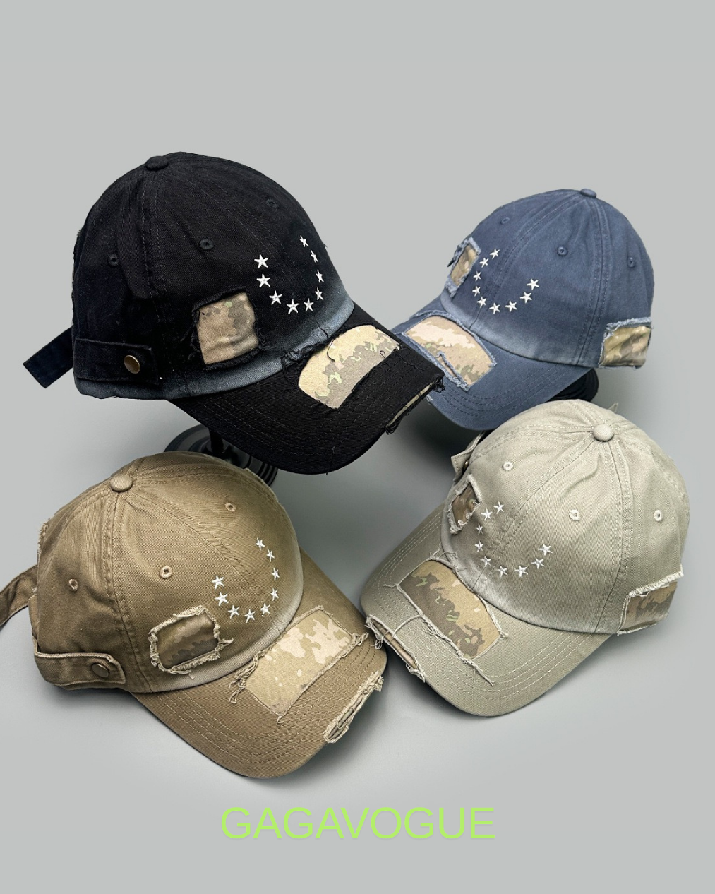 GAGAVOGUE CAMO STAR PATCH DISTRESSED BASEBALL CAP