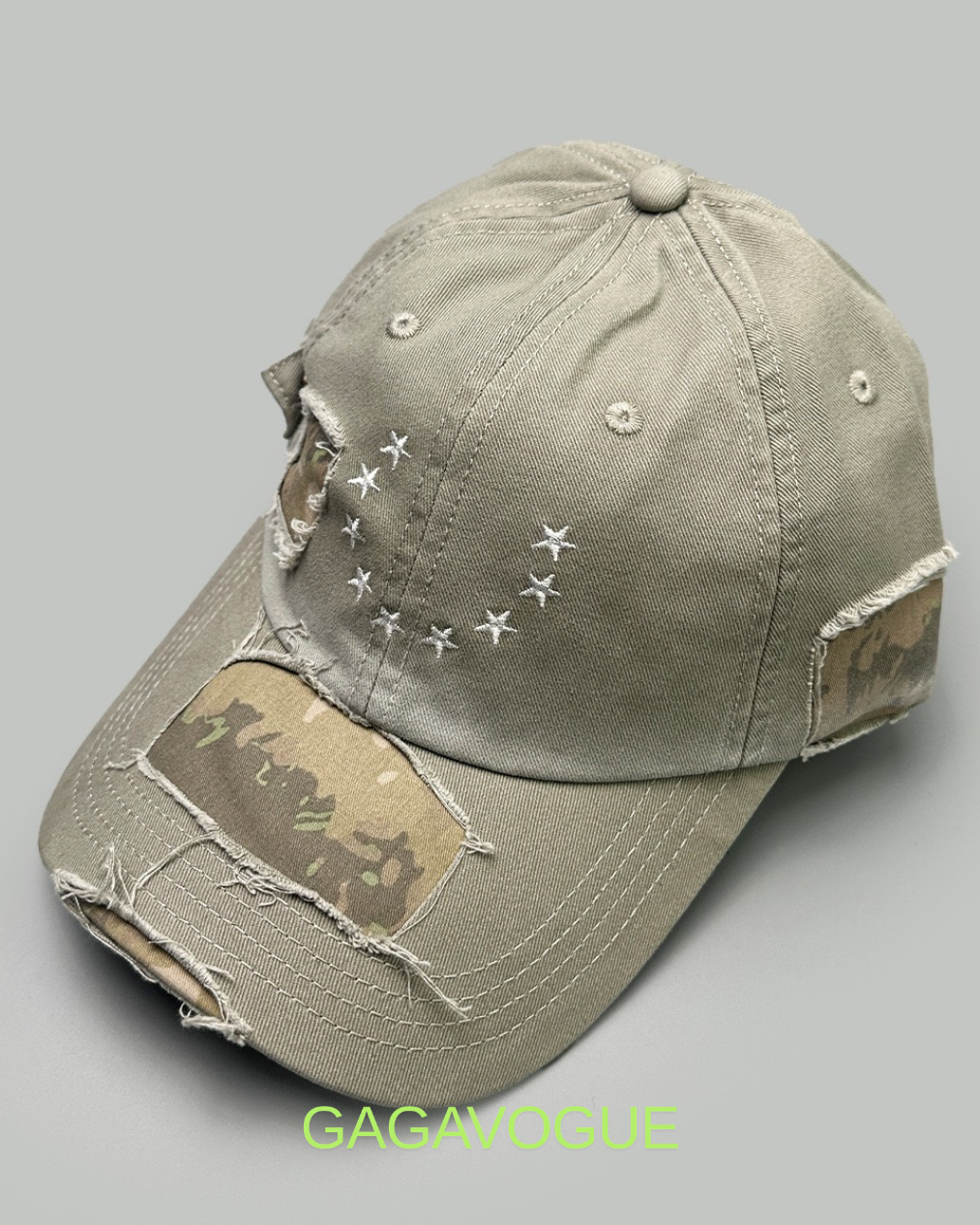 GAGAVOGUE CAMO STAR PATCH DISTRESSED BASEBALL CAP