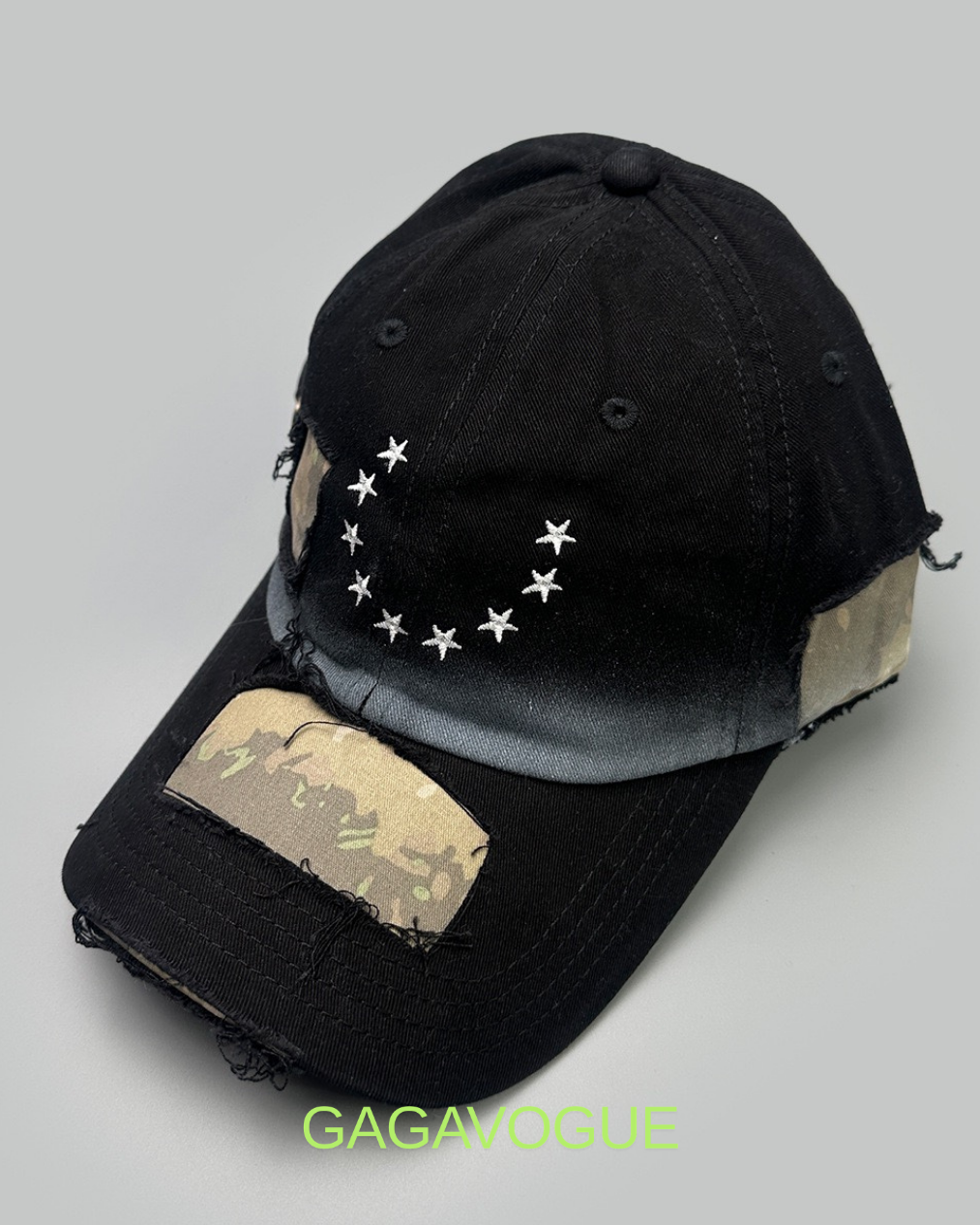 GAGAVOGUE CAMO STAR PATCH DISTRESSED BASEBALL CAP