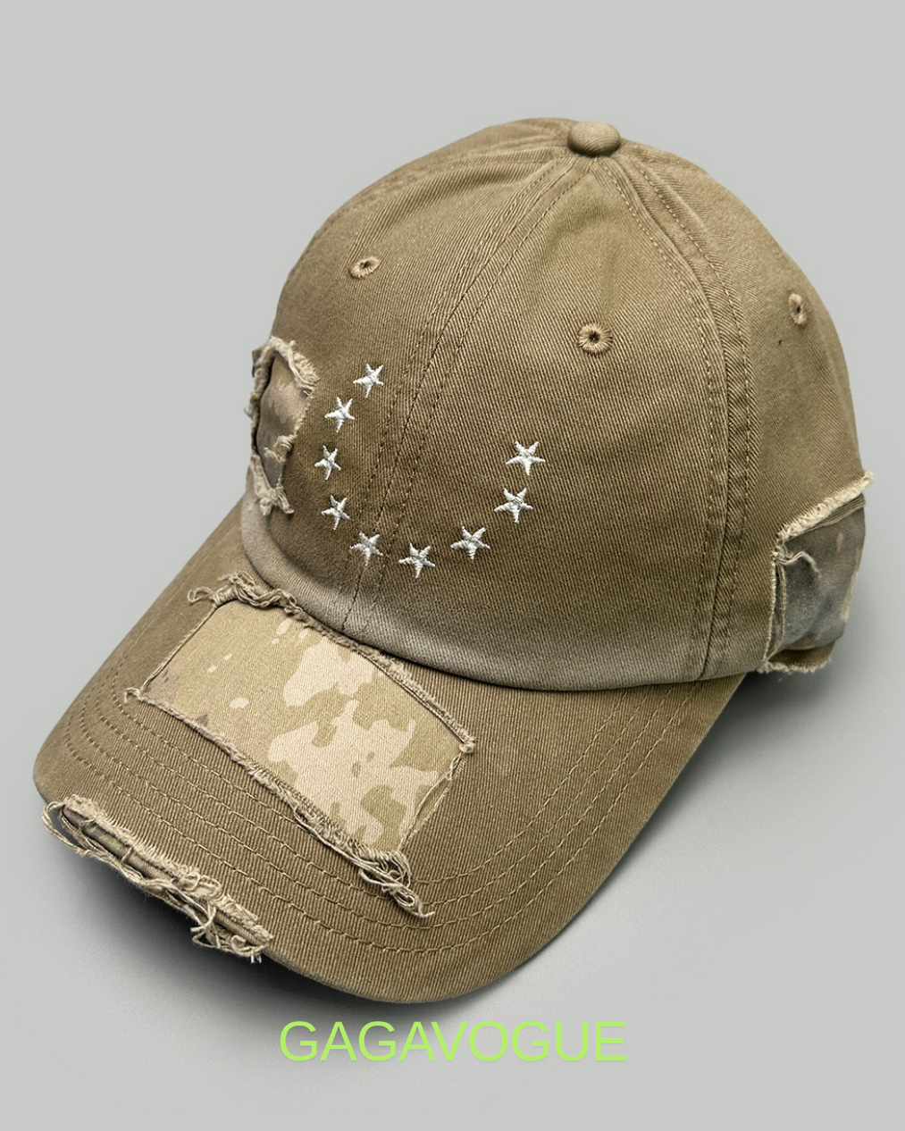 GAGAVOGUE CAMO STAR PATCH DISTRESSED BASEBALL CAP
