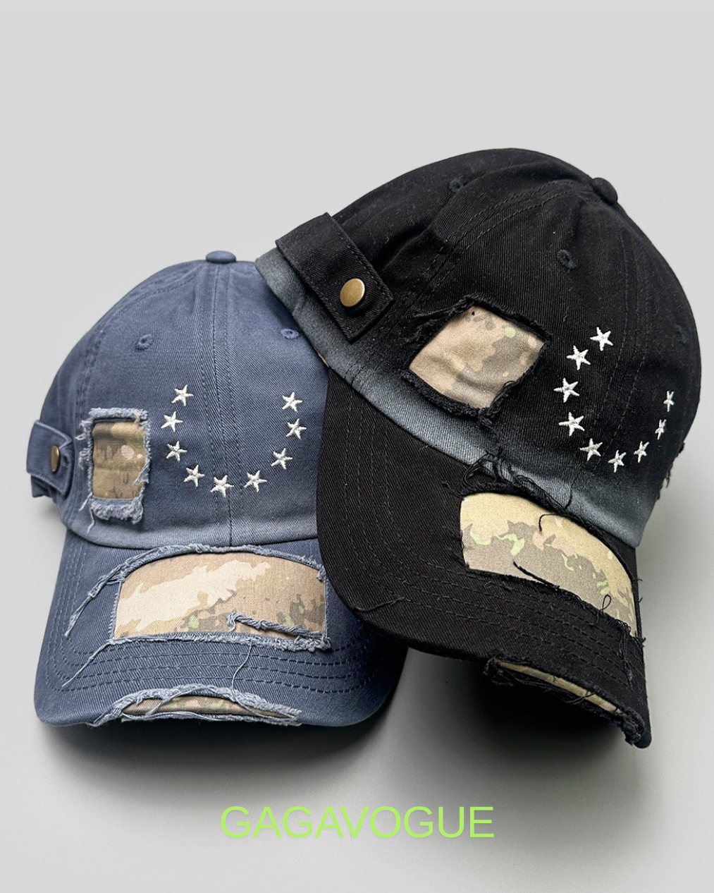 GAGAVOGUE CAMO STAR PATCH DISTRESSED BASEBALL CAP