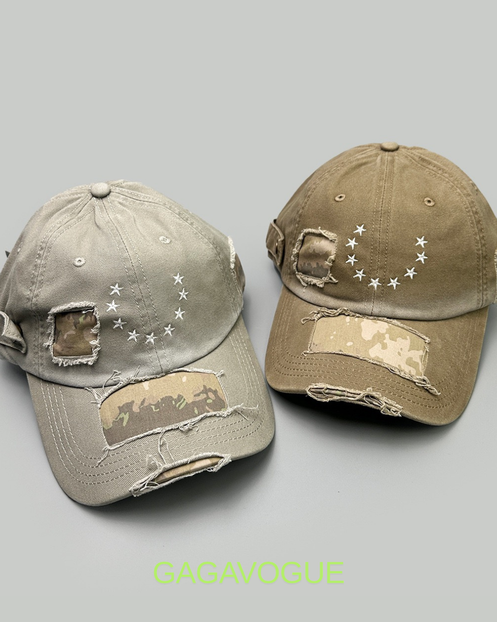GAGAVOGUE CAMO STAR PATCH DISTRESSED BASEBALL CAP