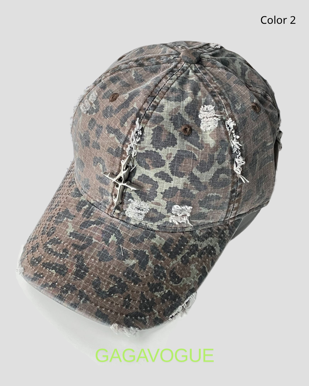 GAGAVOGUE CAMO CROSS PENDANT DISTRESSED BASEBALL CAP