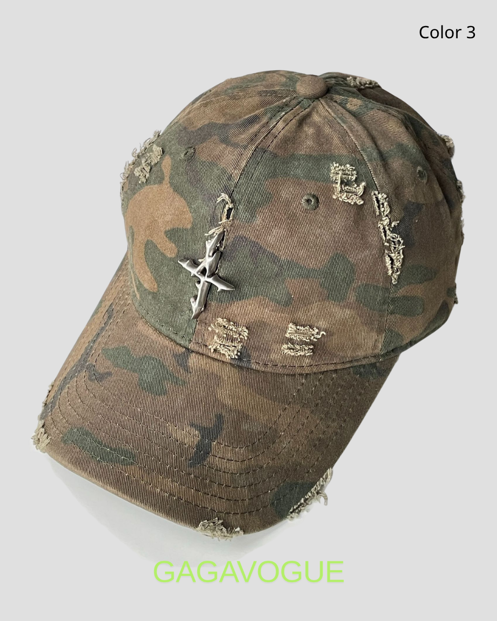 GAGAVOGUE CAMO CROSS PENDANT DISTRESSED BASEBALL CAP