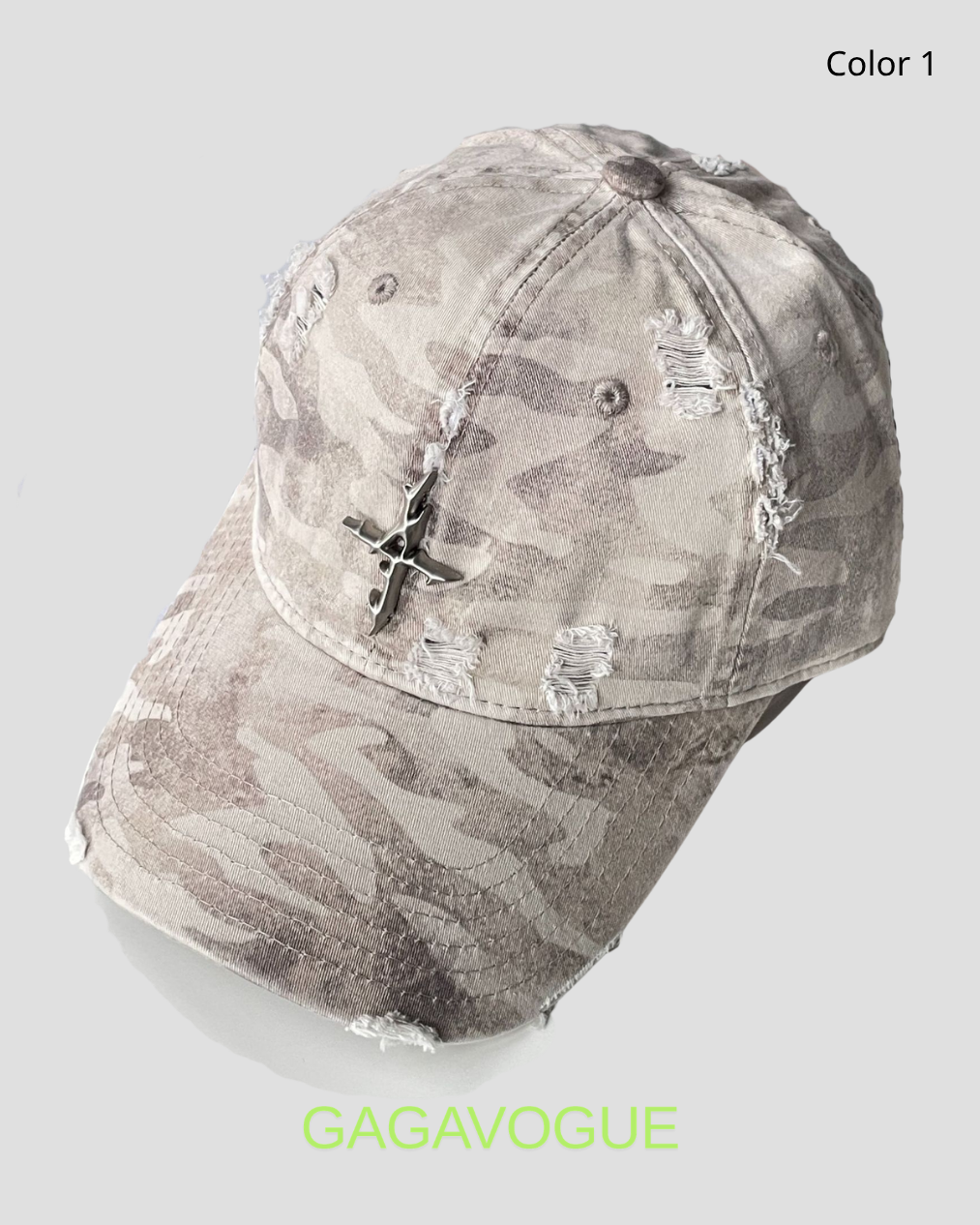 GAGAVOGUE CAMO CROSS PENDANT DISTRESSED BASEBALL CAP