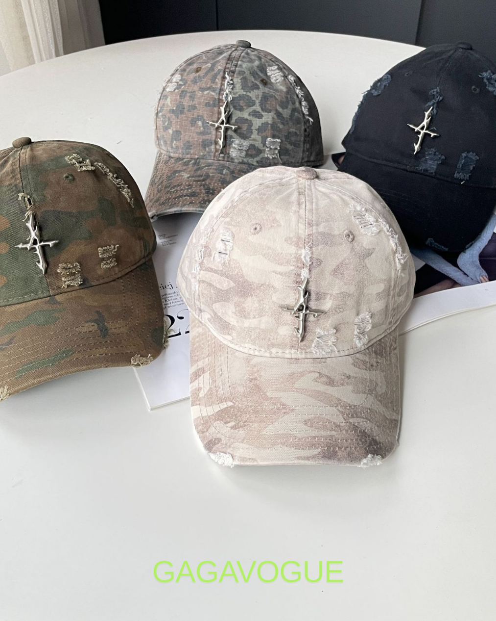 GAGAVOGUE CAMO CROSS PENDANT DISTRESSED BASEBALL CAP