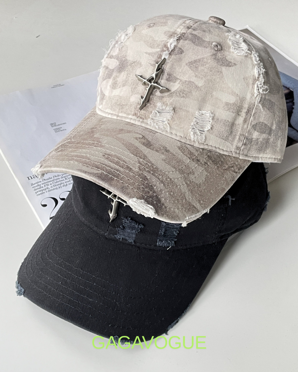 GAGAVOGUE CAMO CROSS PENDANT DISTRESSED BASEBALL CAP