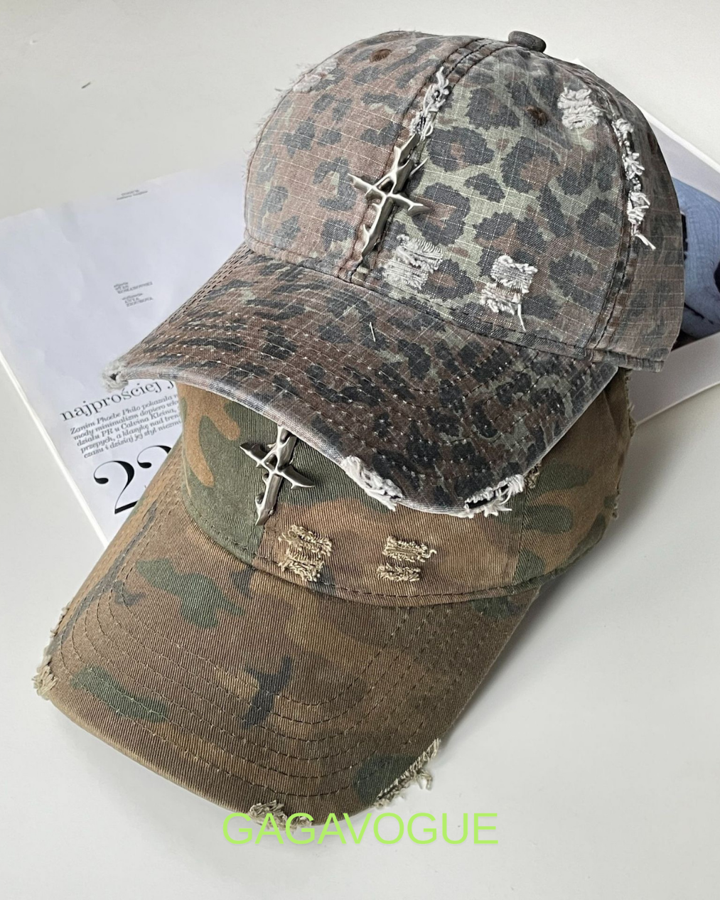 GAGAVOGUE CAMO CROSS PENDANT DISTRESSED BASEBALL CAP