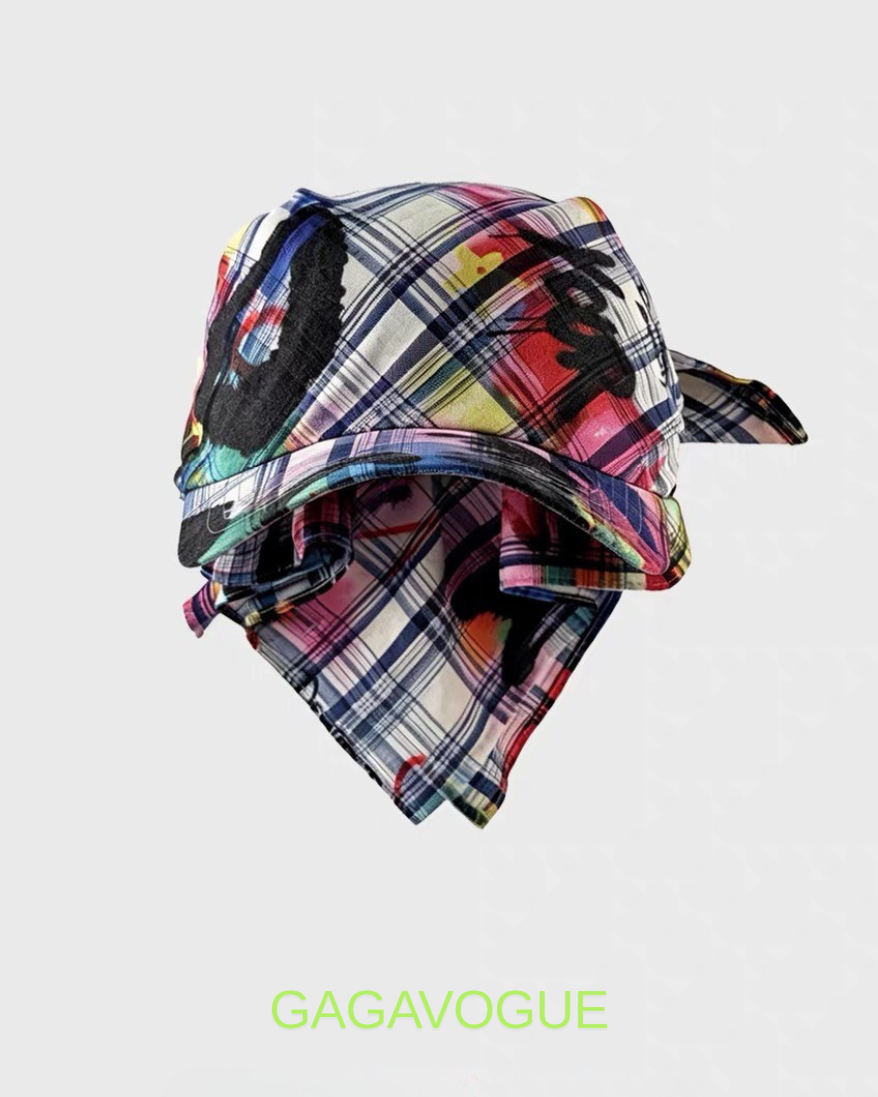 GAGAVOGUE MULTICOLOR PLAID TIE-STRING TRAPPER CAP