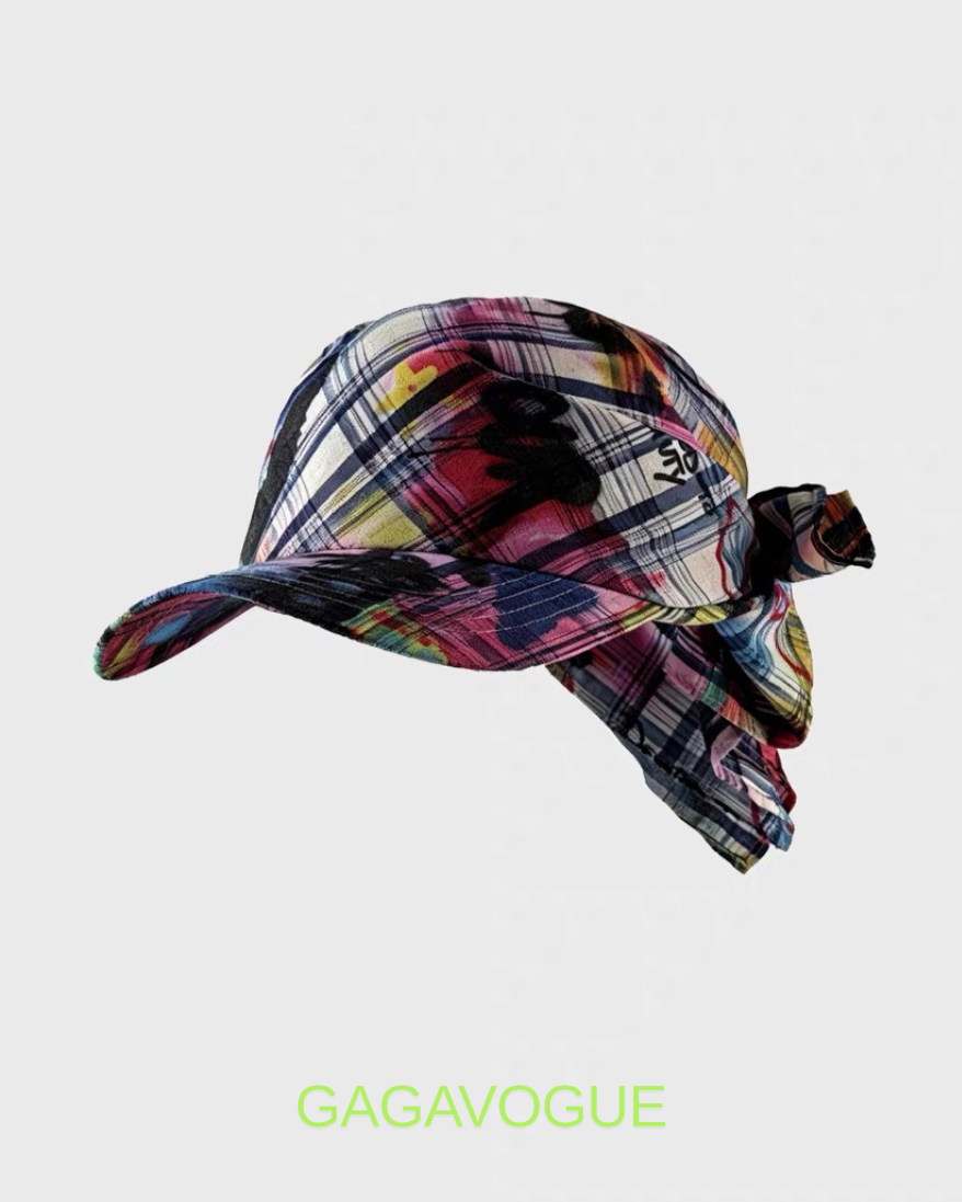 GAGAVOGUE MULTICOLOR PLAID TIE-STRING TRAPPER CAP