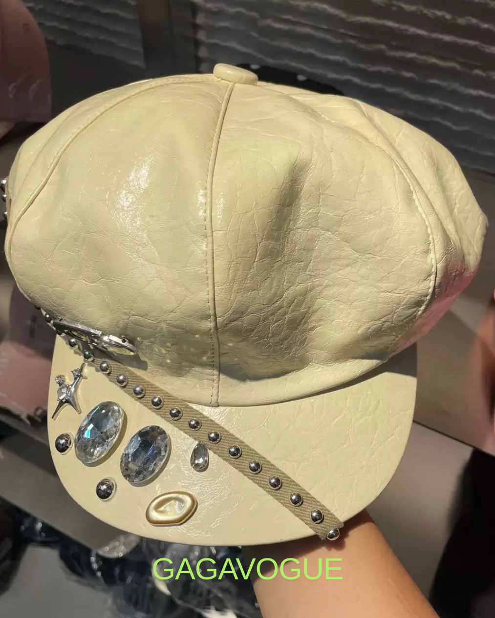 GAGAVOGUE CREAM STUDDED CRYSTAL EMBELLISHED CAP