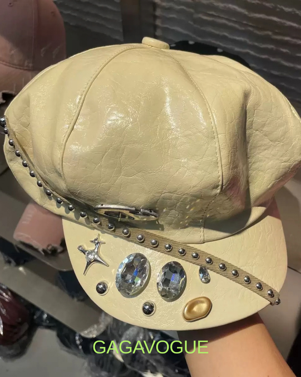 GAGAVOGUE CREAM STUDDED CRYSTAL EMBELLISHED CAP