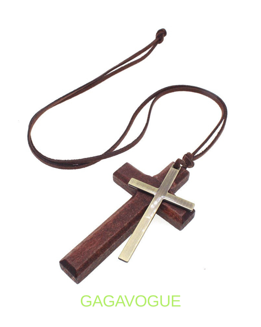 GAGAVOGUE DOUBLE-LAYER CROSS WOOD PENDANT NECKLACE